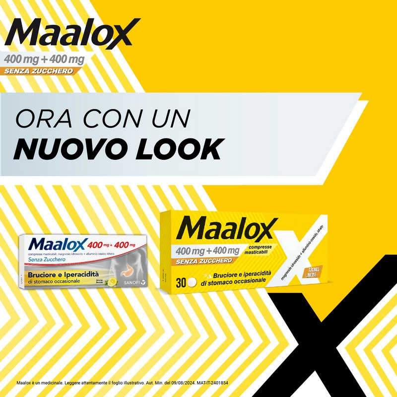 Maalox 400+400 MG, contro acidità di stomaco occasionale, 30 cpr senza zucchero