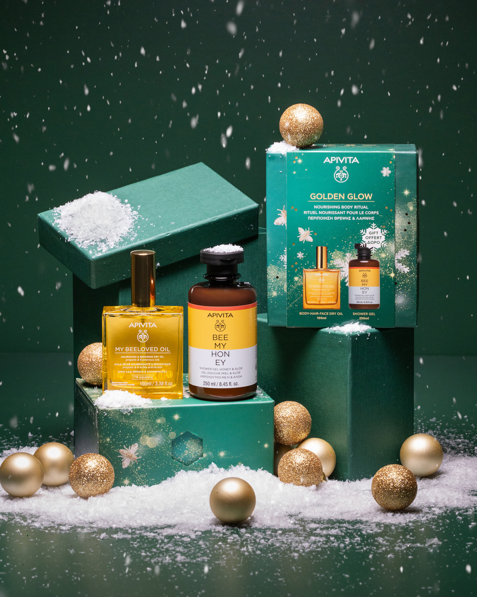 Apivita Golden Glow Cofanetto Regalo - Olio Secco Nutriente Corpo E Capelli 100 ml + Gel Doccia 250 ml