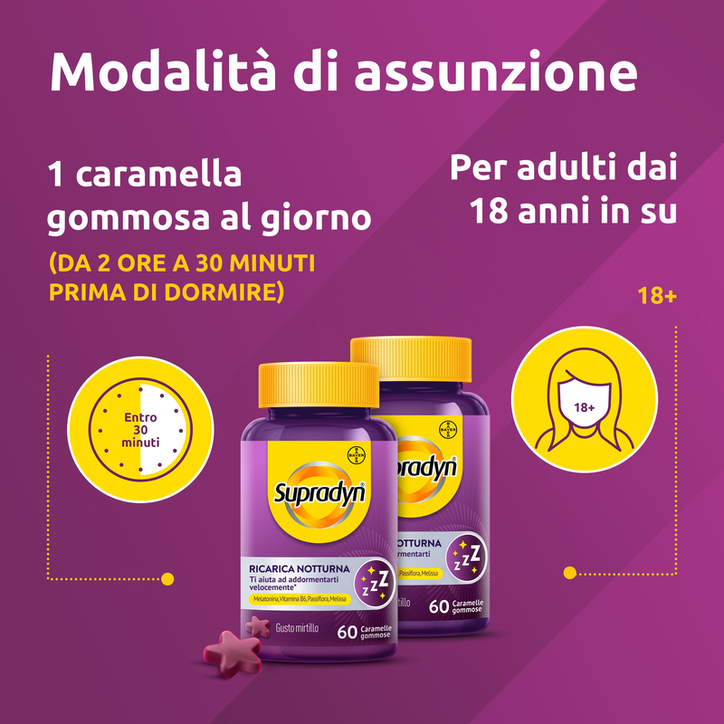 Supradyn Ricarica Notturna 120 Caramelle Gommose - Integratore Per Il Sonno Gusto Mirtillo
