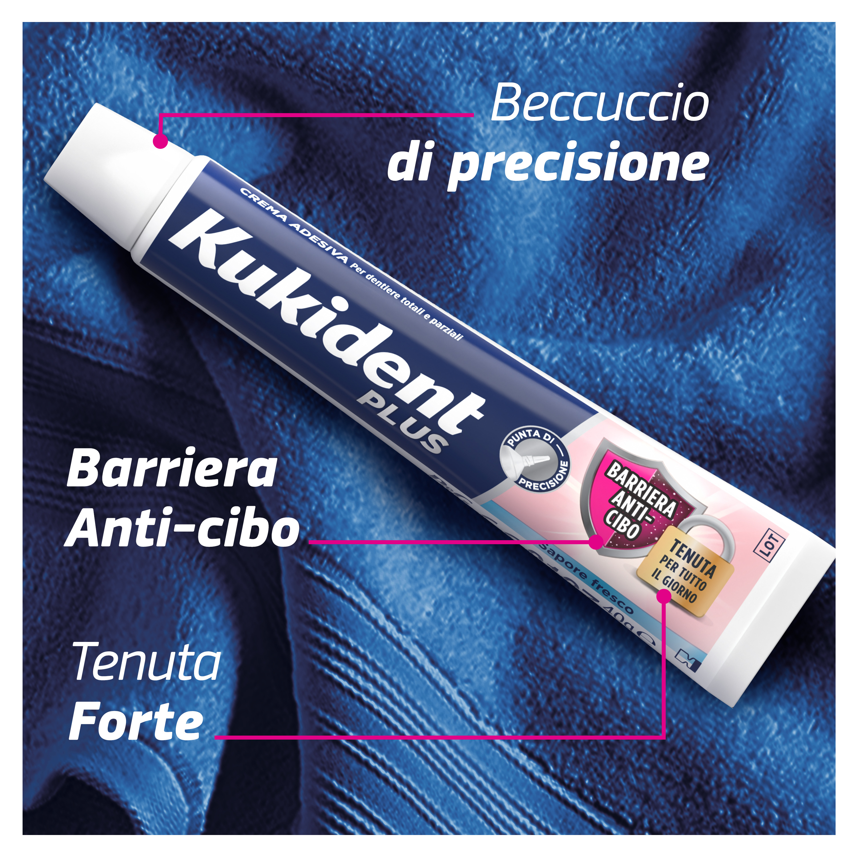 Kukident Plus Barriera Anti-cibo. Crema Adesiva Per Dentiere Totali e Parziali. Sapore Fresco 40g