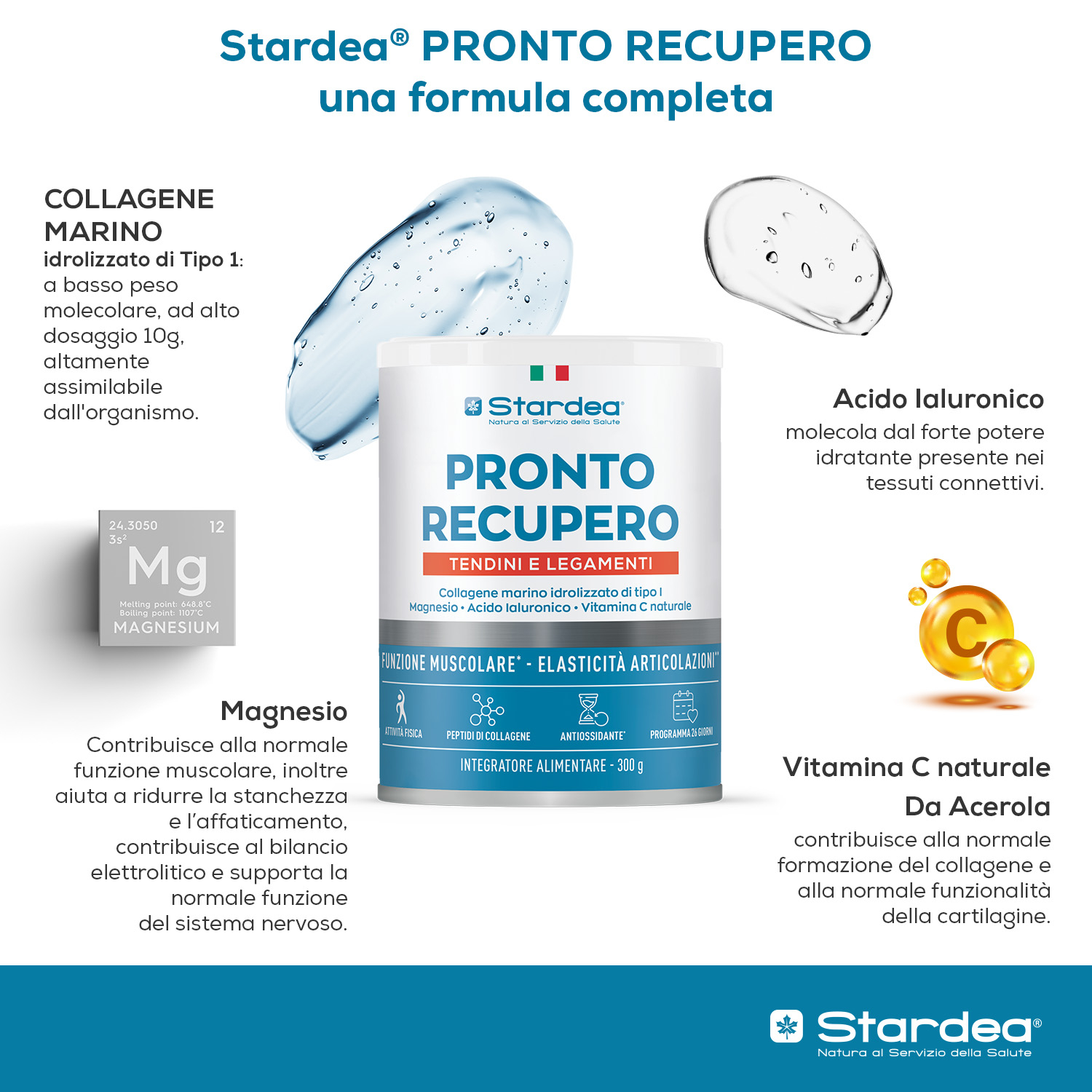 STARDEA PRONTO RECUPERO TENDINI E LEGAMENTI POLVERE - Integratore in polvere a base di collagene marino di tipo 1, Magnesio e Acido ialuronico  - Funzione Muscolare, Elasticità delle articolazioni