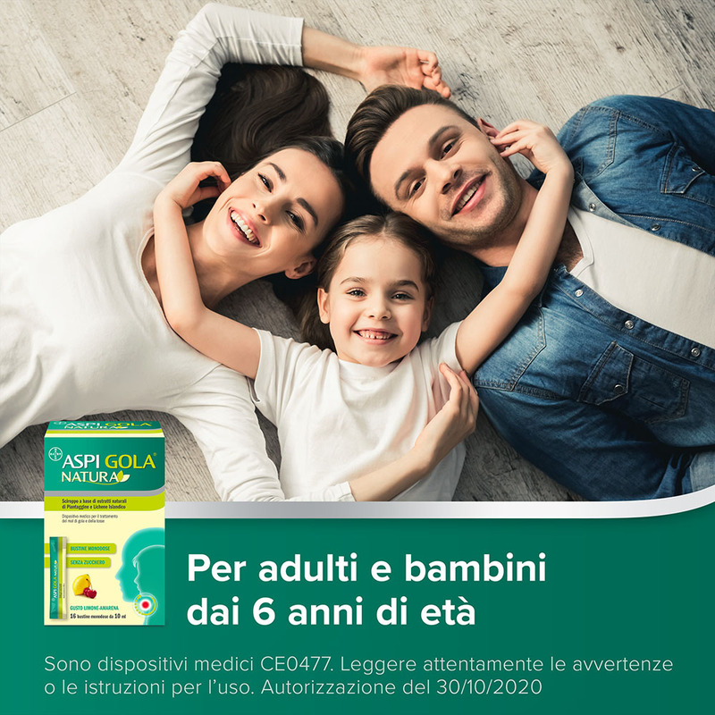 Aspi Gola Natura Sciroppo, con estratti naturali di piantaggine e Lichene Islandico, contro Mal di Gola e Tosse associata, Gusto Limone e Amarena, 16 Bustine Monodose da 10ml