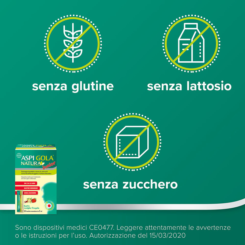 Aspi Gola Natura Junior Sciroppo per bambini, a base di estratti naturali, contro Mal di Gola e Tosse associata, Gusto Vaniglia e Fragola, 16 Bustine Monodose da 5ml