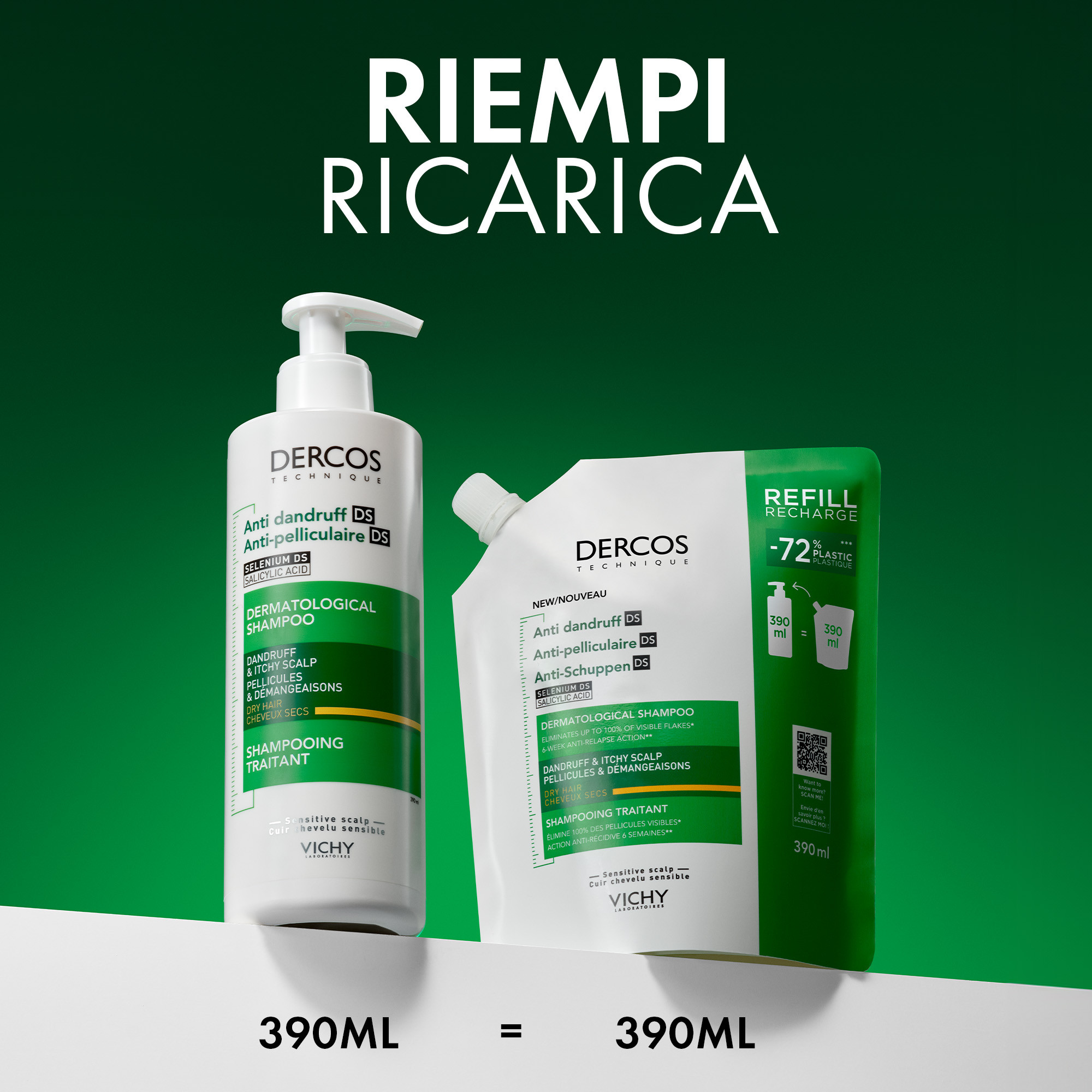 Vichy Dercos Technique Shampoo Antiforfora Ds Grassi per Forfora e Prurito 390ml