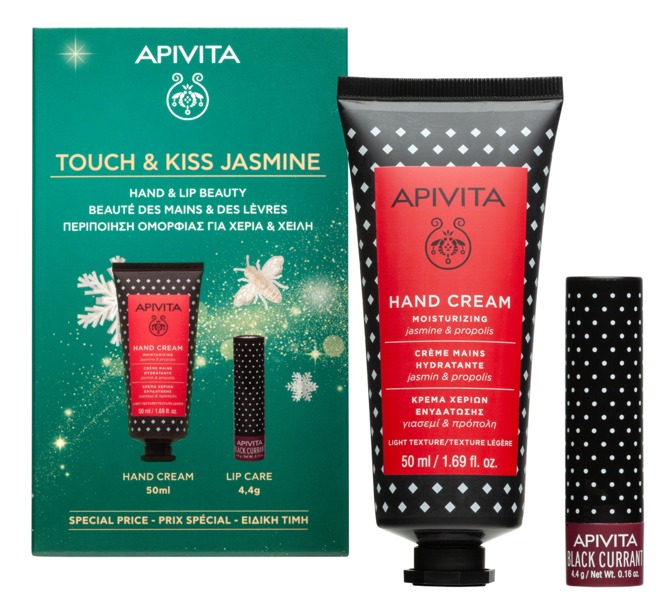 Apivita Touch & Kiss Jasmine Cofanetto Regalo - Crema Mani 50 ml + Balsamo Labbra 4,4 g