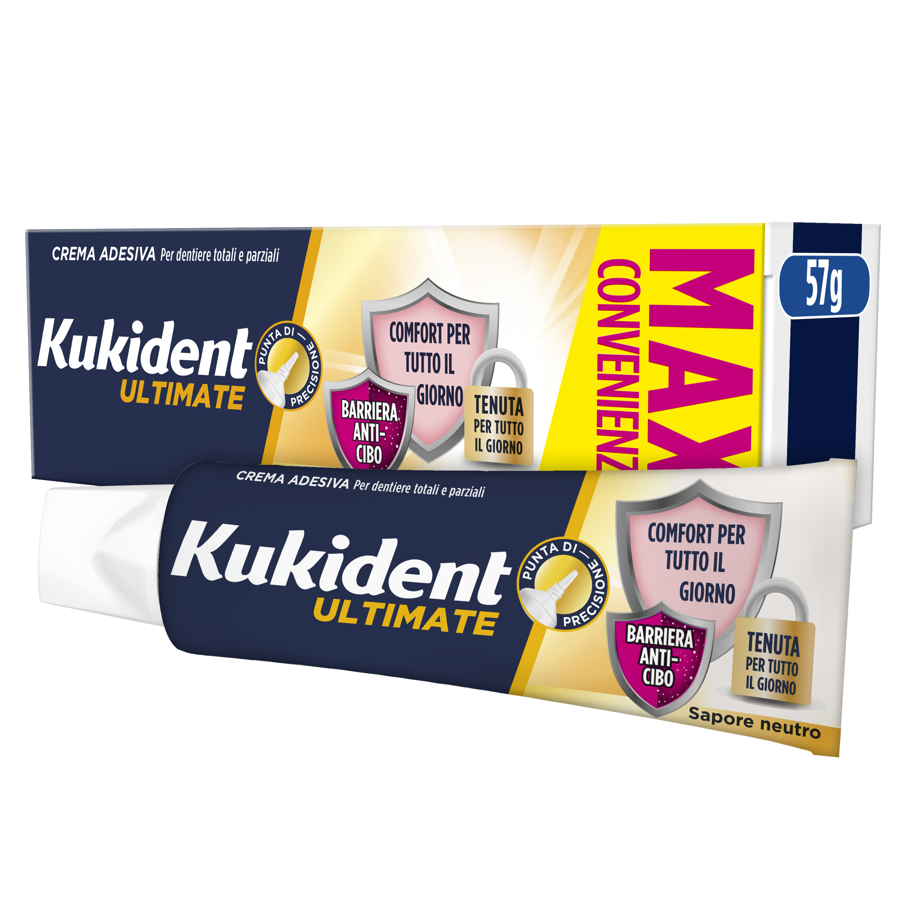 Kukident Ultimate Barriera Anti-cibo. Crema Adesiva Per Dentiere Totali e Parziali. Sapore Neutro 57g