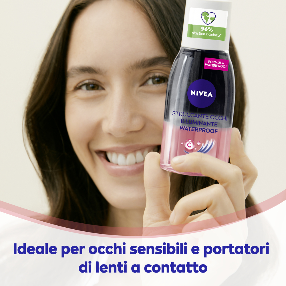 Nivea Struccante Occhi Bifase Illuminante Waterproof 125 ml, Olio struccante bifasico per gli occhi