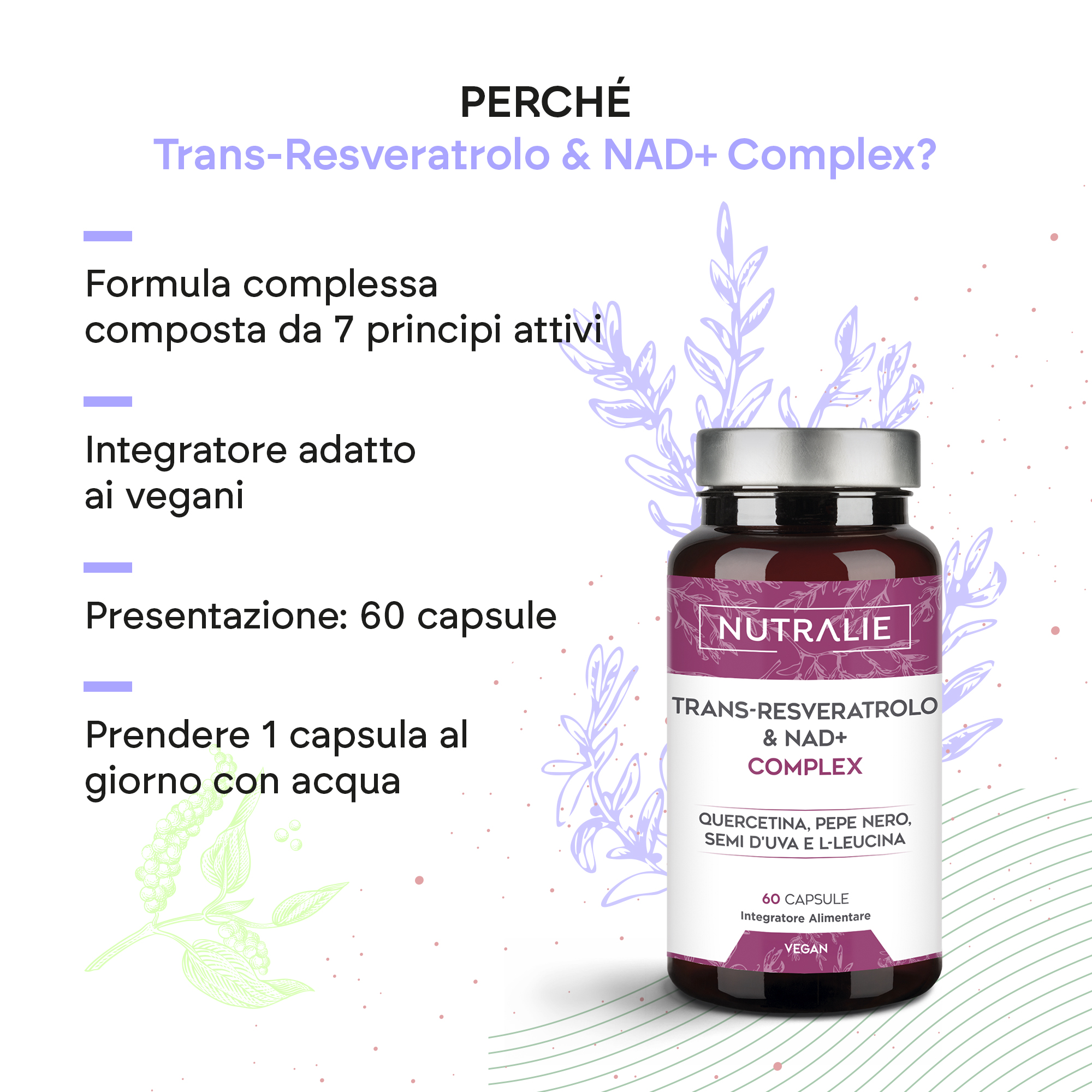 Nutralie Trans-Reveratrol & Nad+ Complex 60 Capsule - Integratore Antiossidante