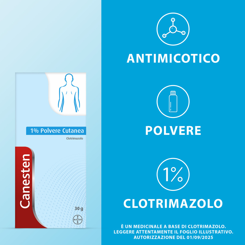 Canesten Polvere cutanea, per il Trattamento di Micosi, Funghi della Pelle e Piedi, a base di Clotrimazolo 1%,  con azione Antifungina e Antimicotica, Flacone da 30gr