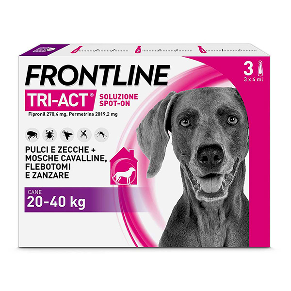 Frontline Tri Act x3 Pipette, Antiparassitario Per Cani e Cuccioli (Taglia L 20-40Kg) Contro Pulci, Zecche, Zanzare, Pappataci e Leishmaniosi