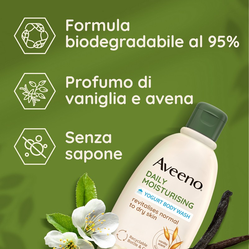 Aveeno Bagnoschiuma Daily Moisturising, Bagnodoccia Idratante per Pelle Secca e Normale Senza Sapone, Yogurt Vaniglia e Avena 300 ml