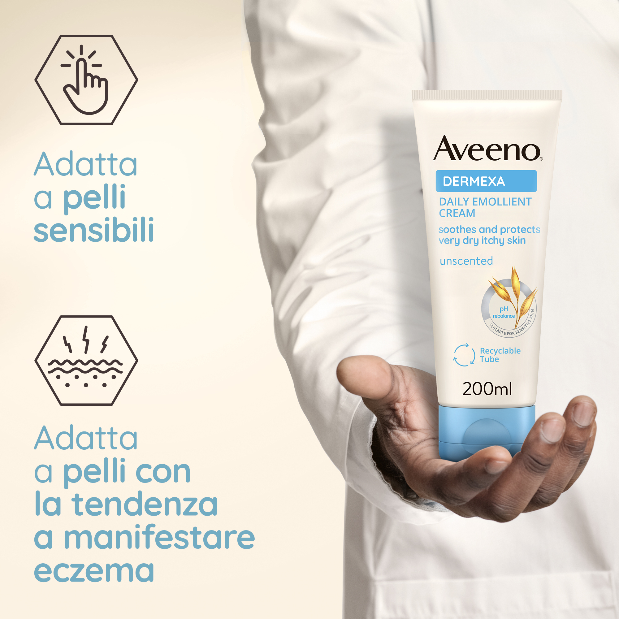 Aveeno Dermexa Crema Emolliente Quotidiana 200 ml, Crema dermatite atopica, pelle secca e sensibile