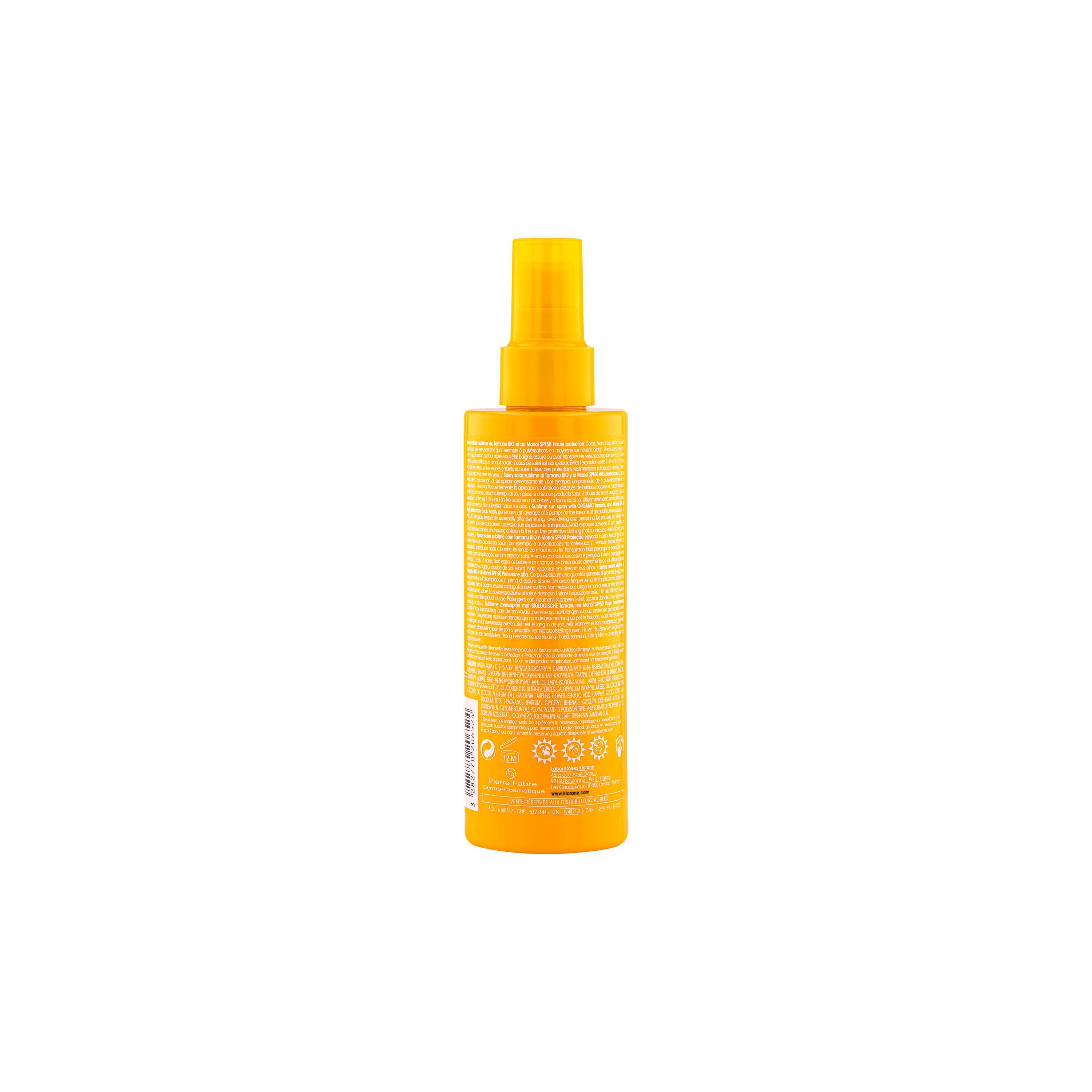 Klorane - Spray Solare Sublime SPF50 Corpo Al Monoï E Tamanu Bio 200 ml