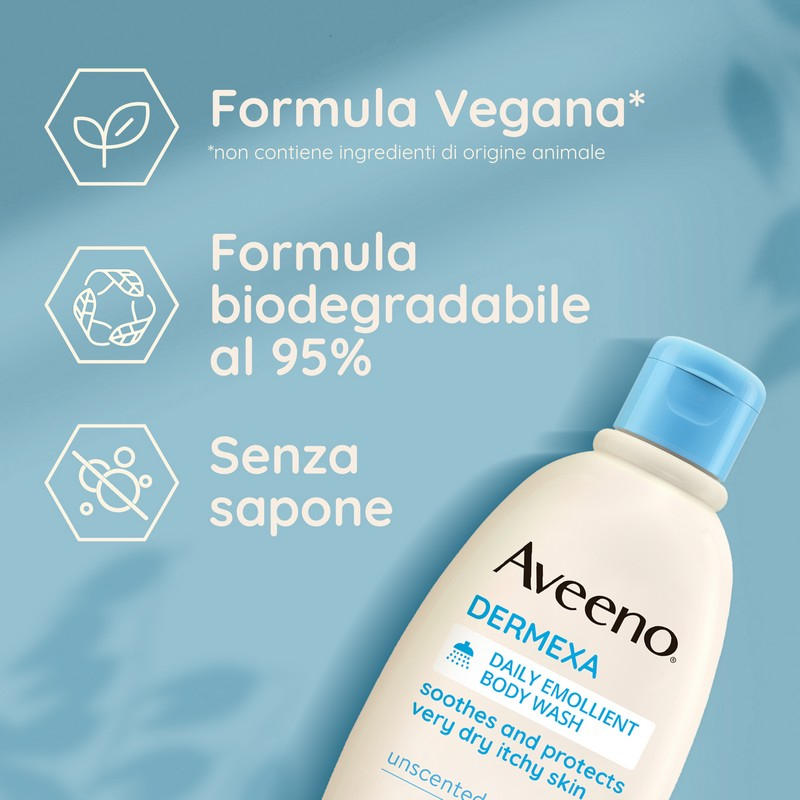 Aveeno Dermexa Bagnodoccia Lenitivo per Pelle Secca e con Prurito, adatto per pelle con tendenza atopica e soggetta a eczema, Formula Vegana, Senza Sapone 300 ml