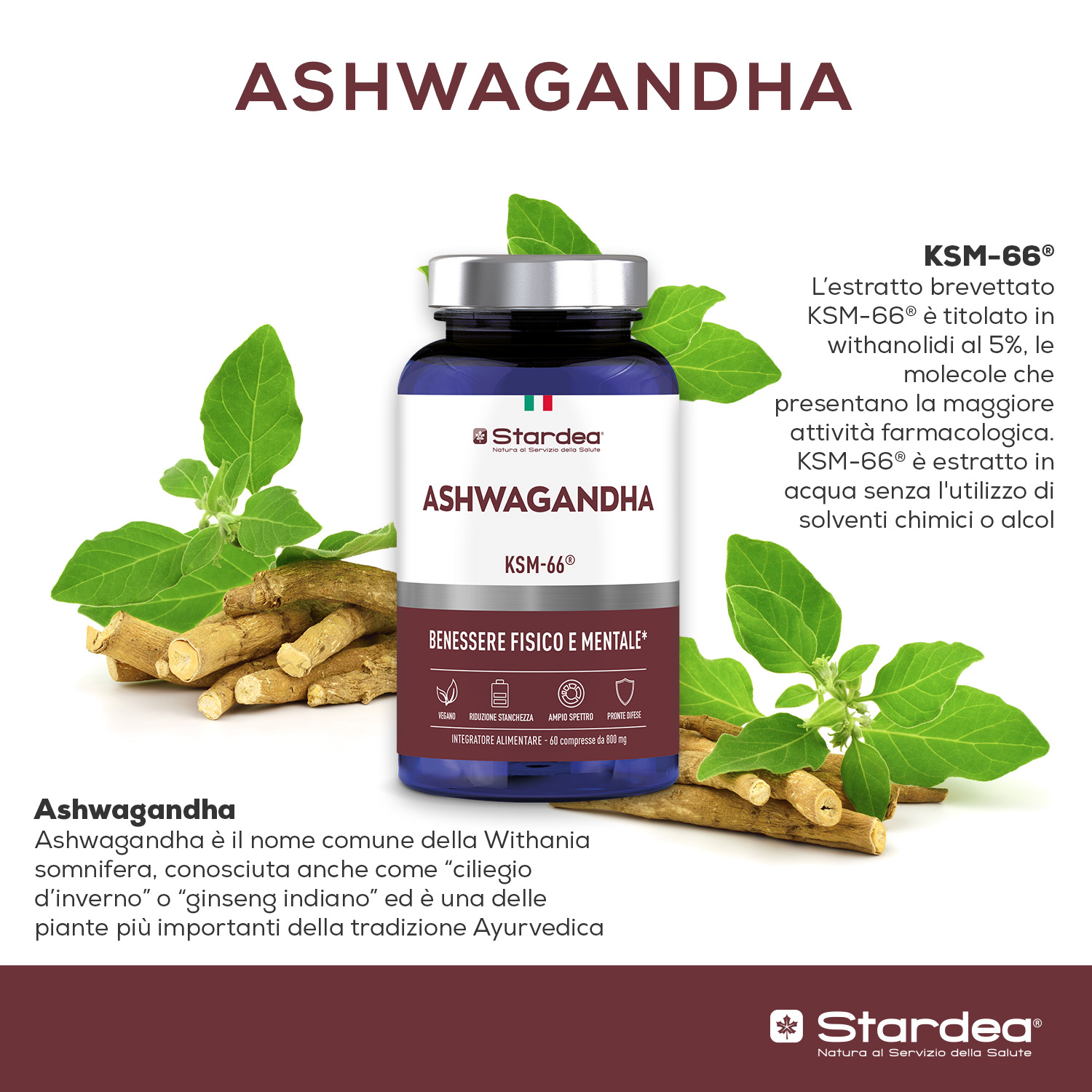 STARDEA ASHWAGANDHA - Compresse INTEGRATORE ALIMENTARE a base di Ashwagandha KSM-66® per il Benessere Fisico e Mentale