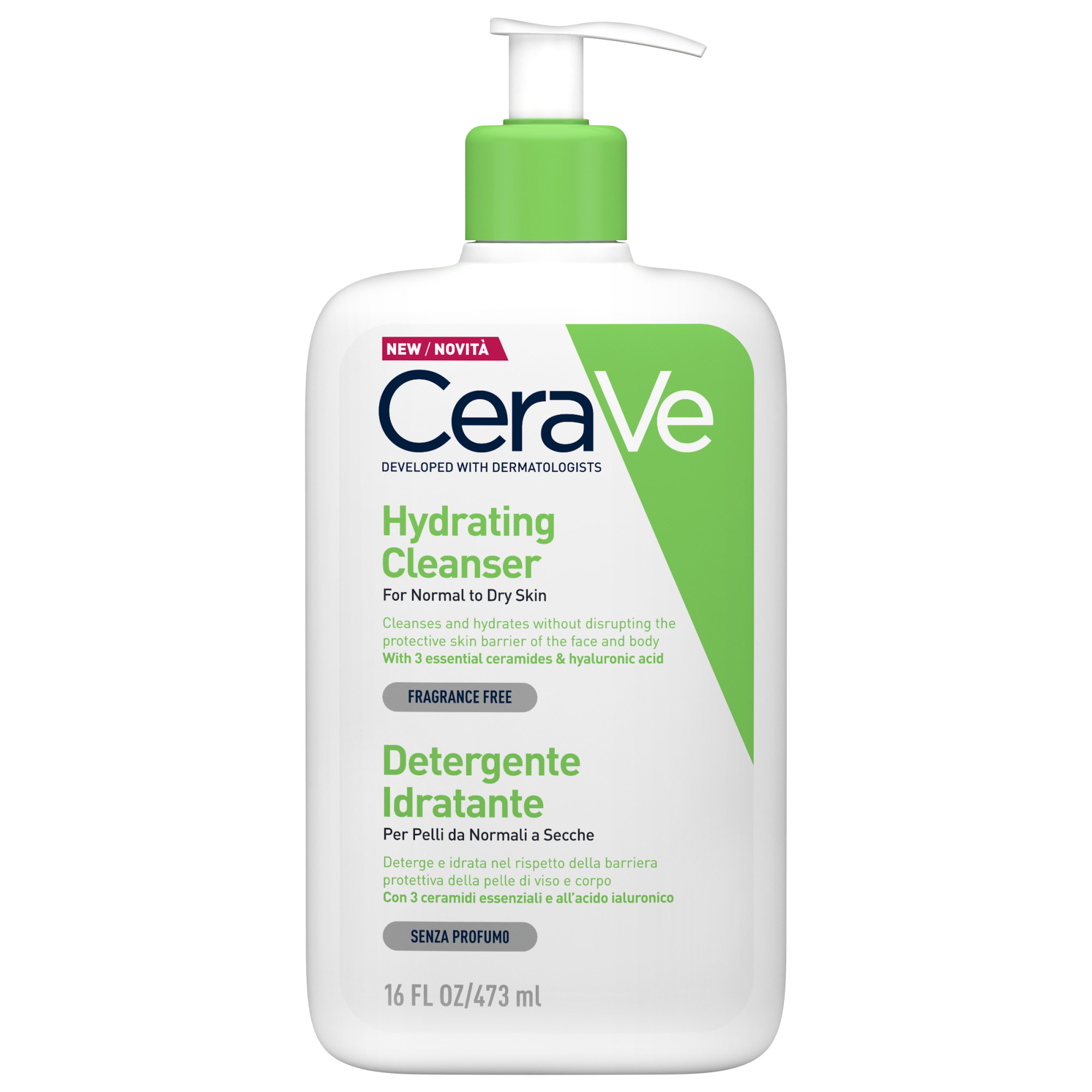 CeraVe Detergente Idratante Viso Pelle da Normale a Secca, con acido ialuronico e ceramidi 473 ml