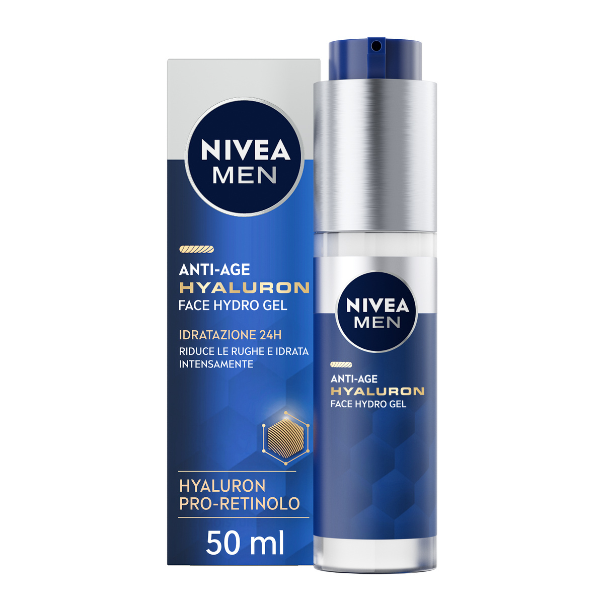 Nivea Men Anti-Age Hyaluron Hydro Gel Viso Uomo 50 ml, Crema viso uomo in gel per pelli mature