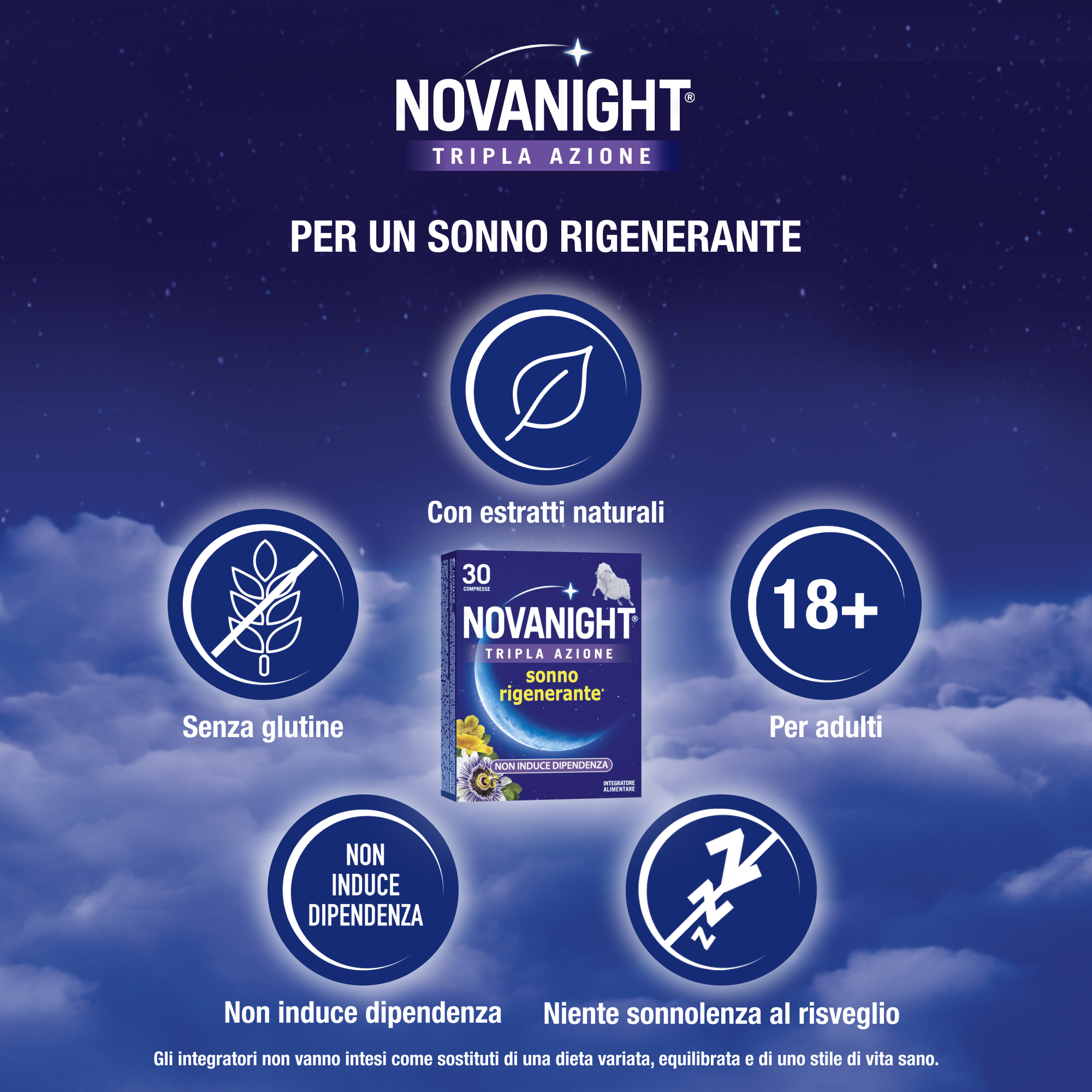 NOVANIGHT Tripla Azione Sonno Rigenerante, Integratore Alimentare con Melissa e Melatonina per Dormire, Senza Glutine, 30 Compresse, Non Induce Dipendenza