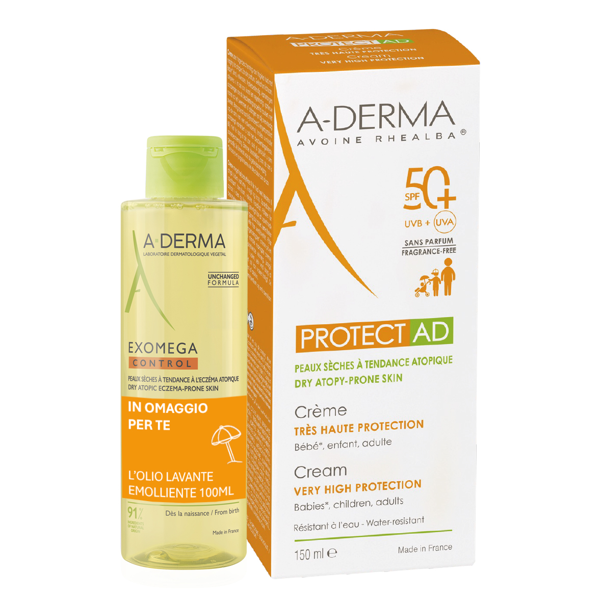 A-DERMA Protect AD Crema Solare SPF 50+ 150 ml + Olio Lavante  Emolliente Exomega Control 100 ml