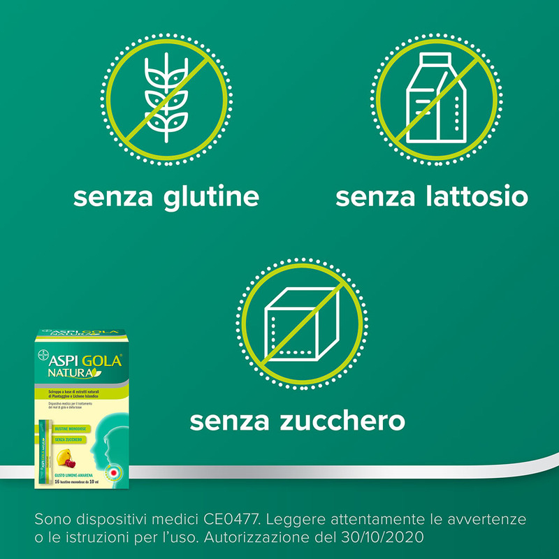 Aspi Gola Natura Sciroppo, con estratti naturali di piantaggine e Lichene Islandico, contro Mal di Gola e Tosse associata, Gusto Limone e Amarena, 16 Bustine Monodose da 10ml
