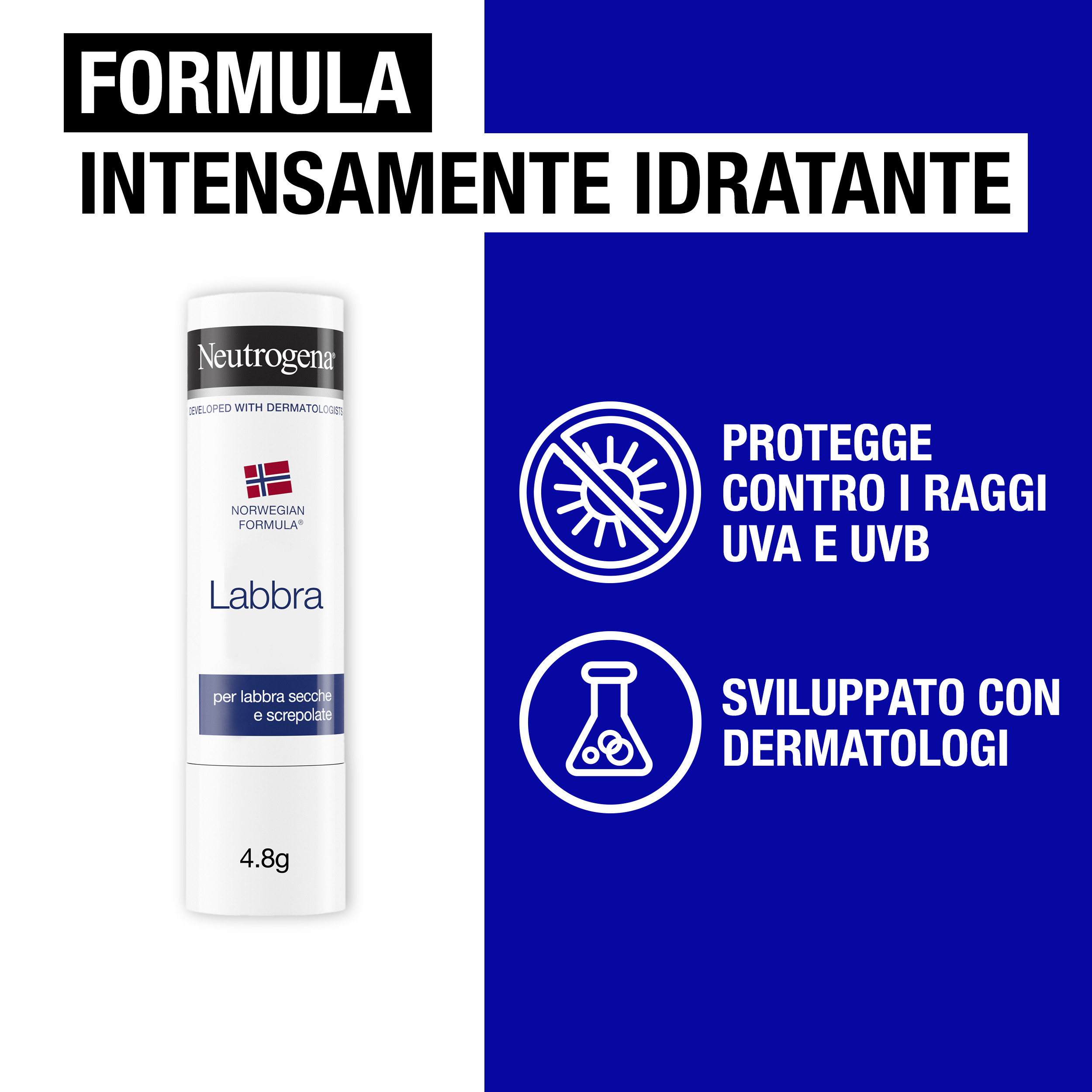 Neutrogena Formula Norvegese Balsamo Labbra Stick 4.8 g, Burrocacao per labbra secche e screpolate