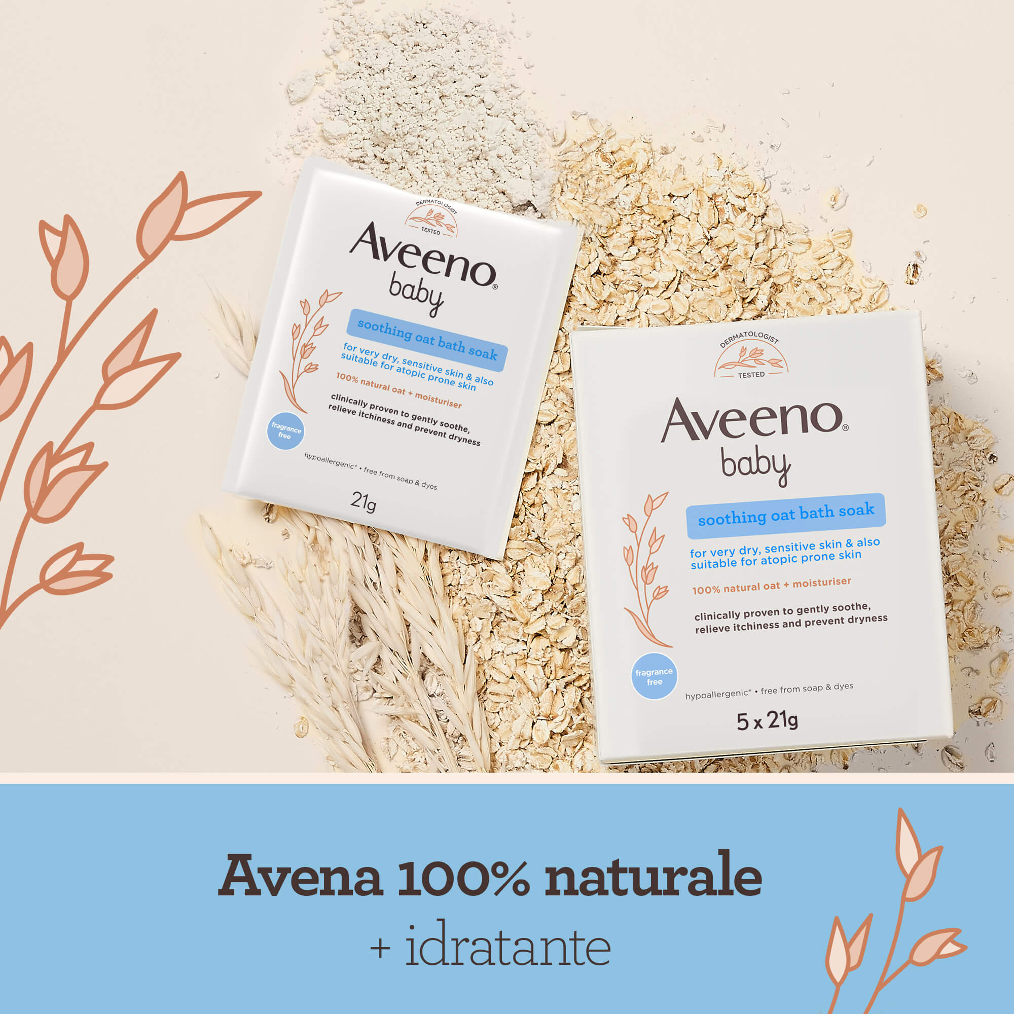 Aveeno Baby Sacchetti per Bagnetto Lenitivo all'Avena, per Pelli Delicate e Sensibili, 5 Sacchetti da 21 g