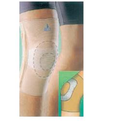 TUTORE GINOCCHIO CON INSERTO IN SILICONE LARGE. LASCIA LIBERA LA ROTULA DA OGNI PRESSIONE. IL PROFILO LATERALE SUPPORTA IL GINOCCHIO SENZA ARRECARE DANNI DURANTE L'ATTIVITA' FISICA