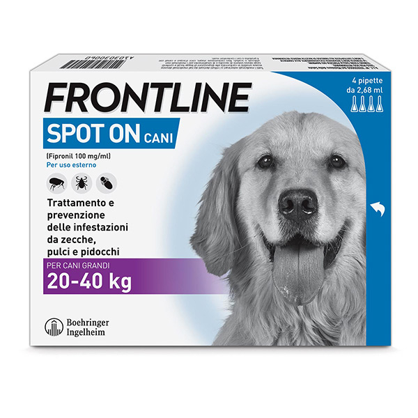 Frontline Spot On Cani x4 Pipette, Antiparassitario per Cani e Cuccioli (20-40Kg), Contro Pulci, Zecche E Pidocchi