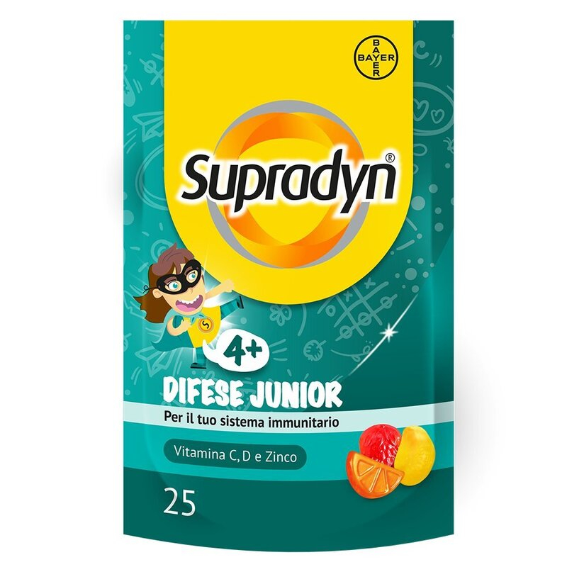 Supradyn Difese Junior Integratore Multivitaminico con Vitamina C, D e Zinco  per le Difese Immunitarie dei Bambini, Gusto Arancia, Fragola e Papaya, 25 Caramelle Gommose 