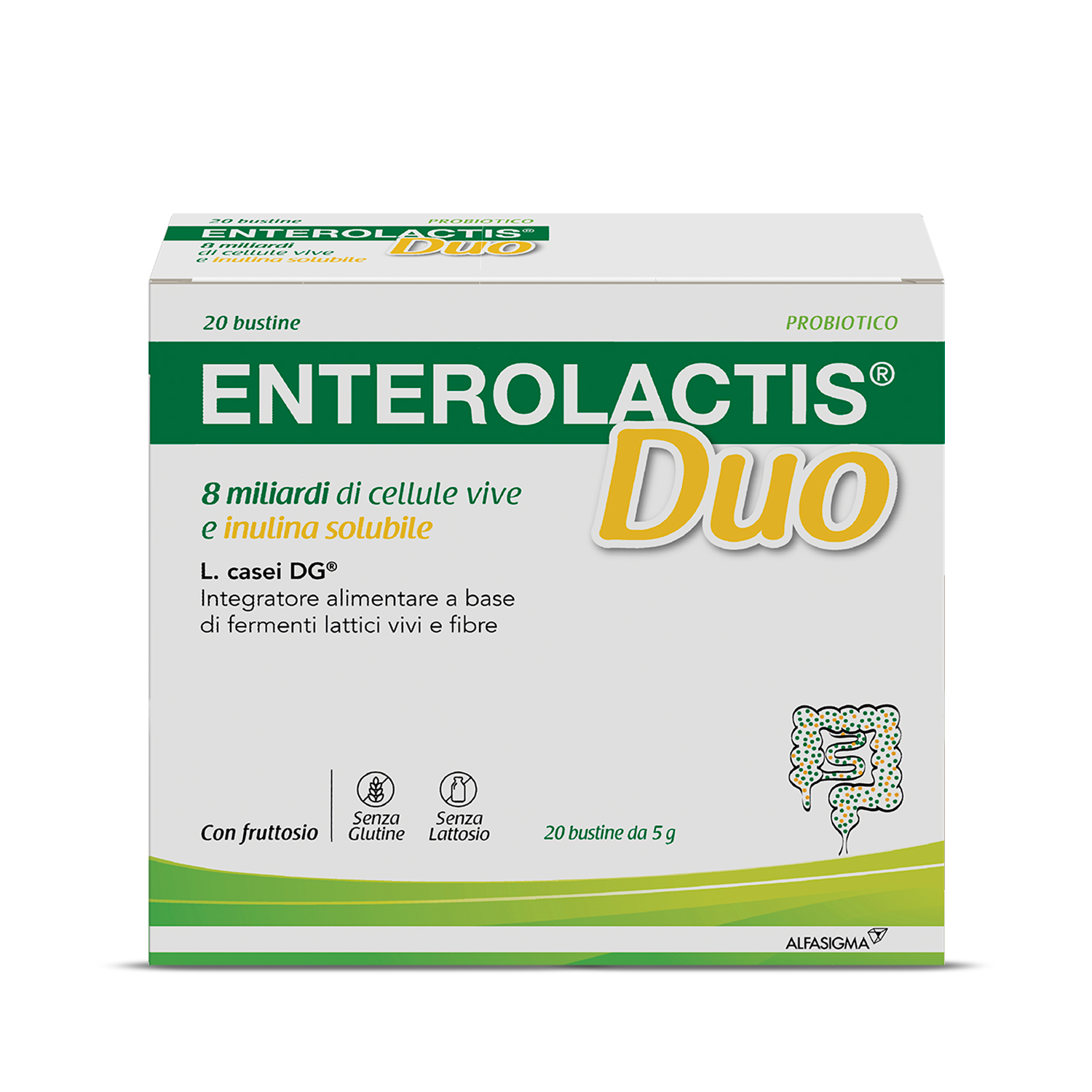 Enterolactis Duo, Integratore Alimentare con Fermenti lattici, probiotici L,Casei DG, 8 Miliardi Cellule Vive, Con Fruttosio, Senza Glutine e Lattosio, 20 Bustine