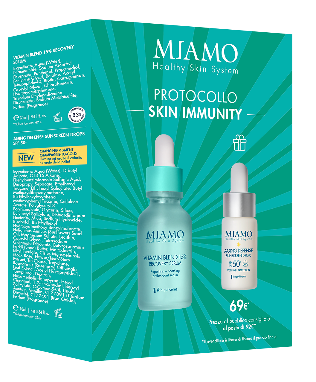 PROTOCOLLO SKIN IMMUNITY -  cofanetto con VITAMIN BLEND 15% RECOVERY SERUM 30ml + AGING DEFENSE SUNSCREEN DROPS SPF 50+ 10ml