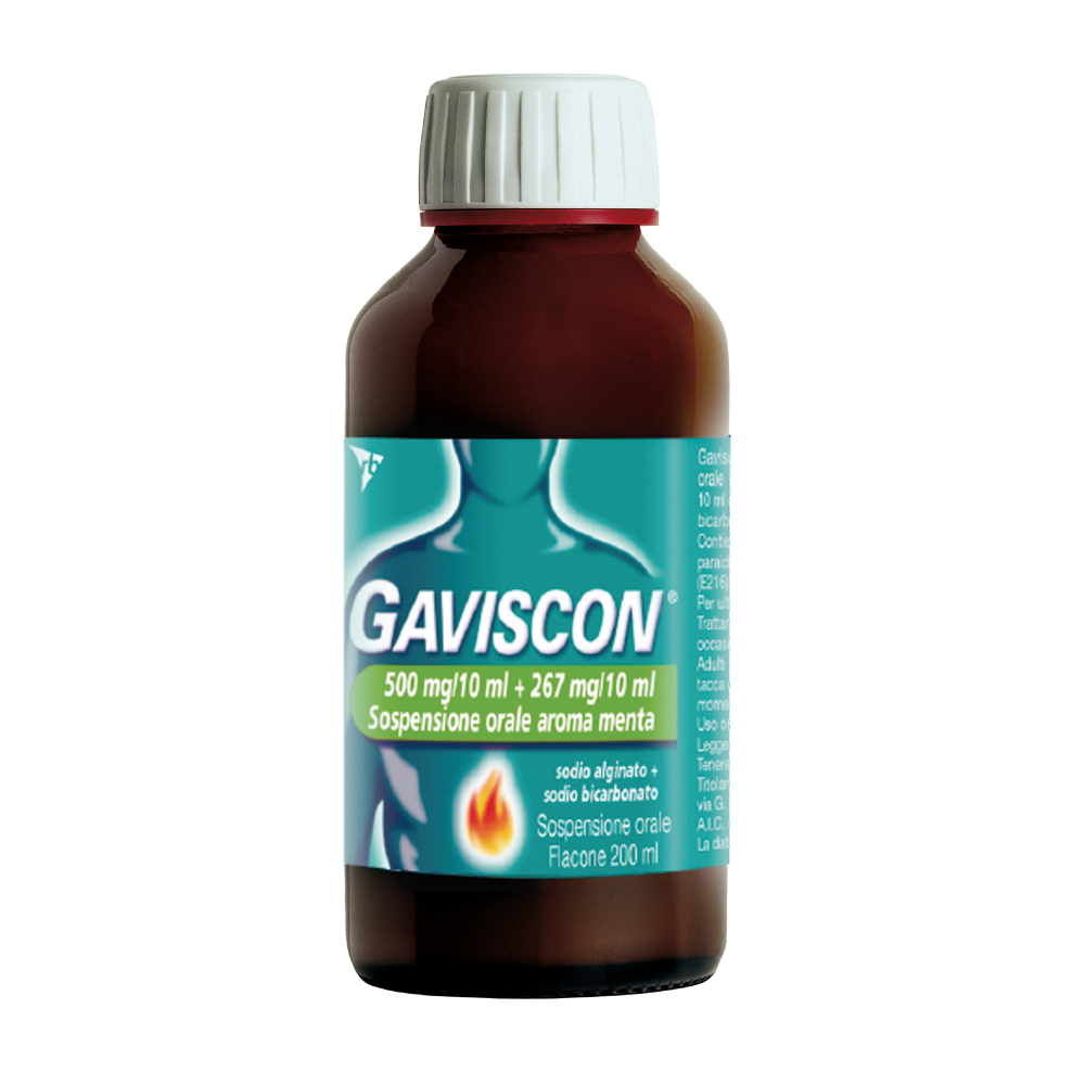 Gaviscon 500 mg/10ml + 267/10 ml Aroma Menta 200 ml - Sospensione Orale Contro I Sintomi Del Reflusso Gastroesofageo, Bruciore E Acidità Di Stomaco