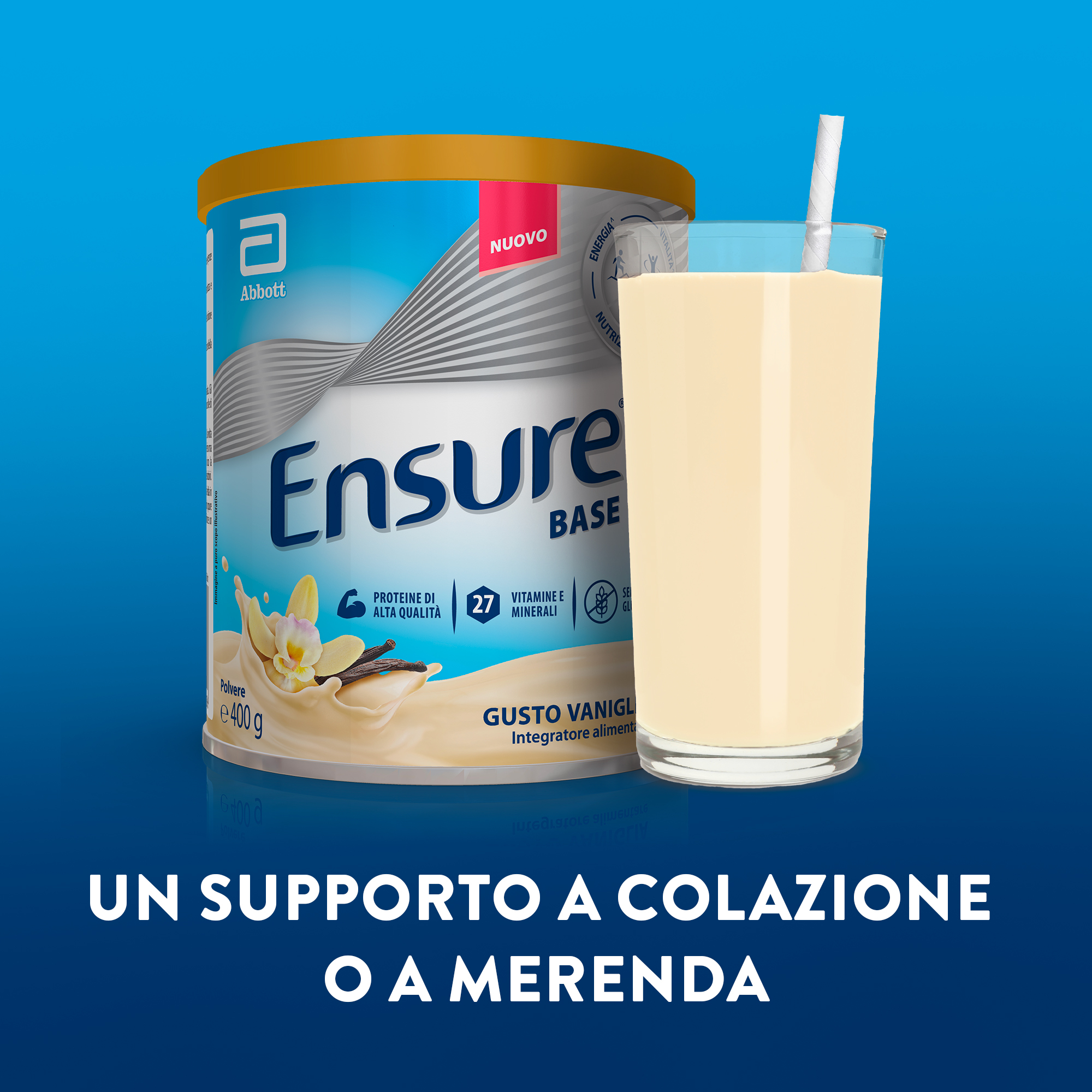 ABBOTT ENSURE BASE: Integratore alimentare che aiuta a sostenere le difese immunitarie e a contrastare stanchezza e affaticamento  - GUSTO VANIGLIA 400 gr 