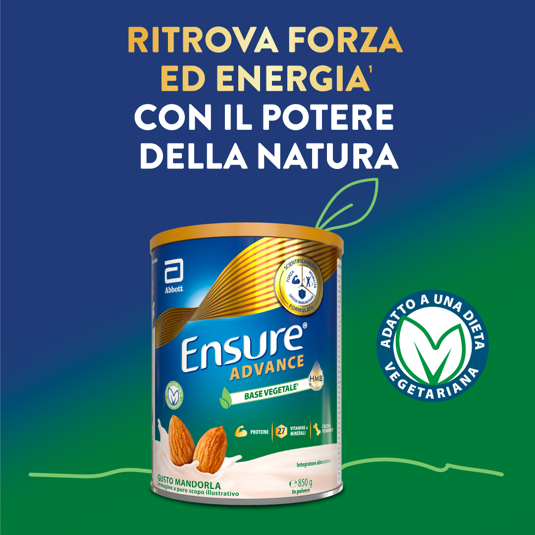 Ensure Advance Base Vegetale, integratore alimentare con Proteine Vegetali. Formato 850g, gusto Mandorla 