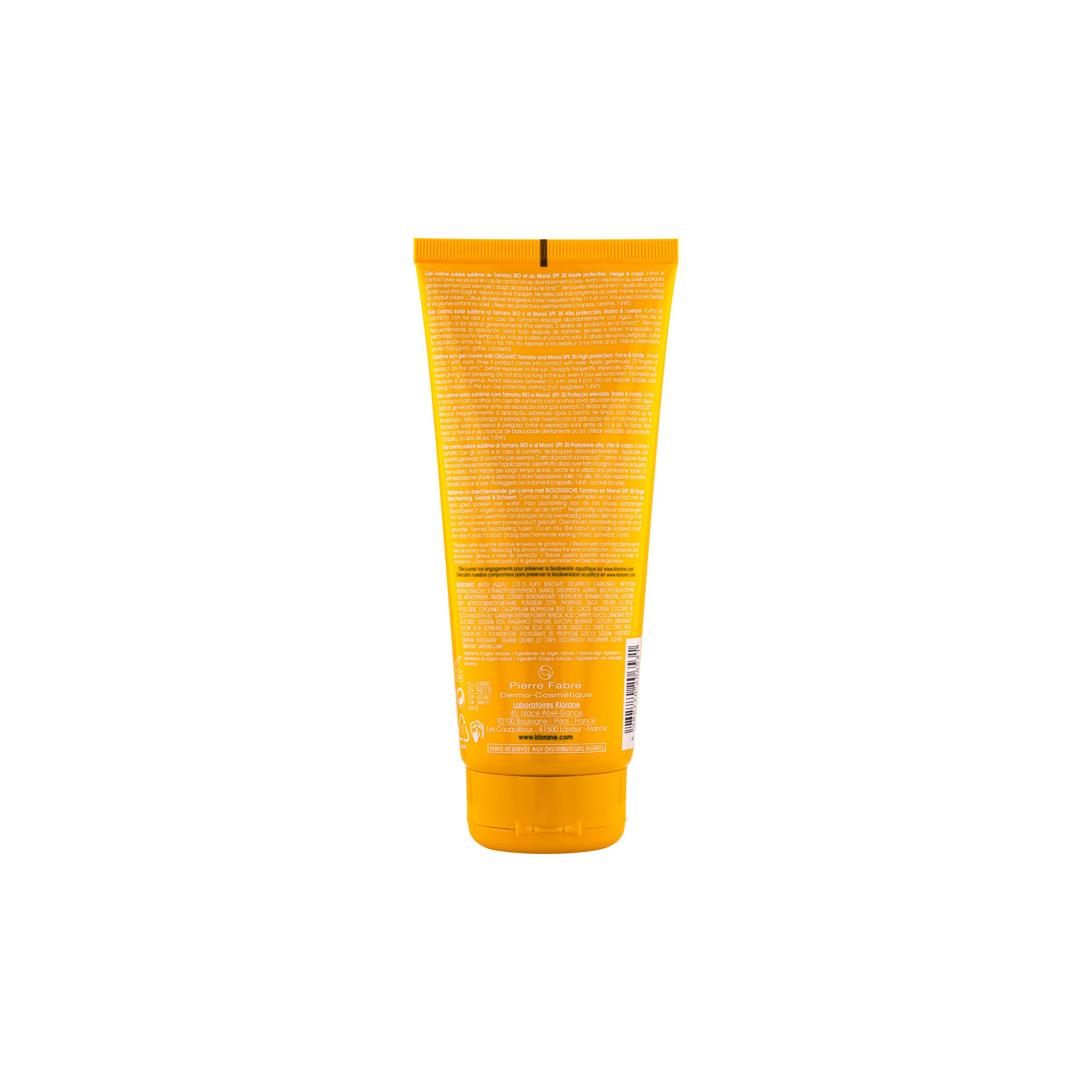 Klorane - Gel-Crema Solare Sublime SPF30 Al Tamanu Bio E Monoï 200 ml