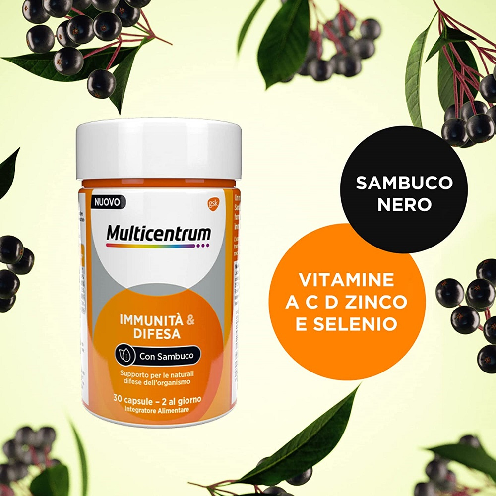 Multicentrum Immuno & Difesa con Sambuco Integratore Alimentare Difese Immunitarie Vitamina C 30 cpr