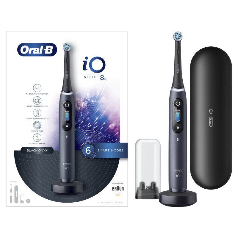 Oral-B iO - 8n - Spazzolino Elettrico Ricaricabile Nero con Tecnologia Magnetica Rivoluzionaria e Display a colori + Custodia da Viaggio Primium