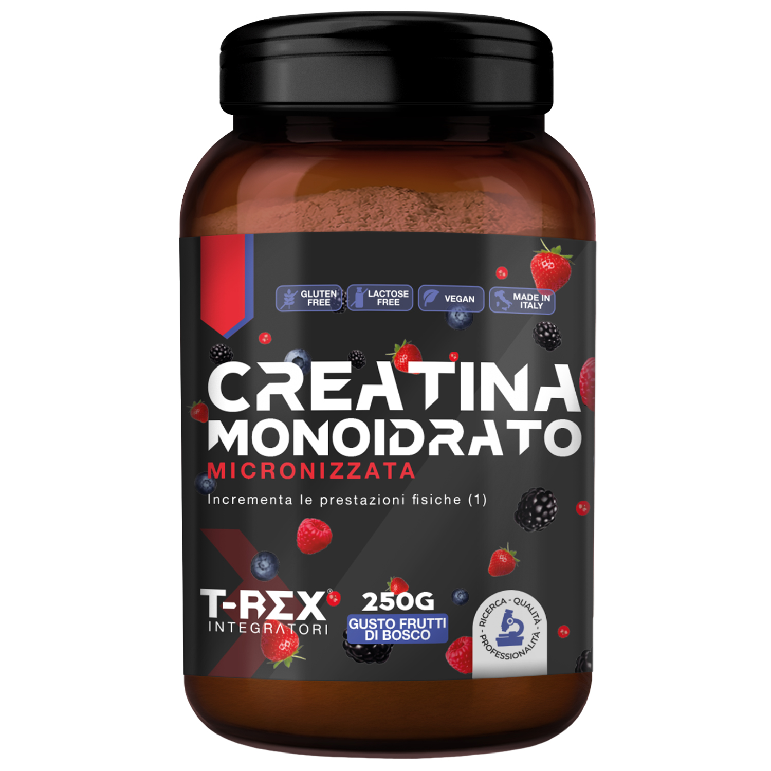 T-Rex Integratori Creatina Monoidrato Micronizzata Gusto Frutti Di Bosco 250 g - Integratore Di Creatina