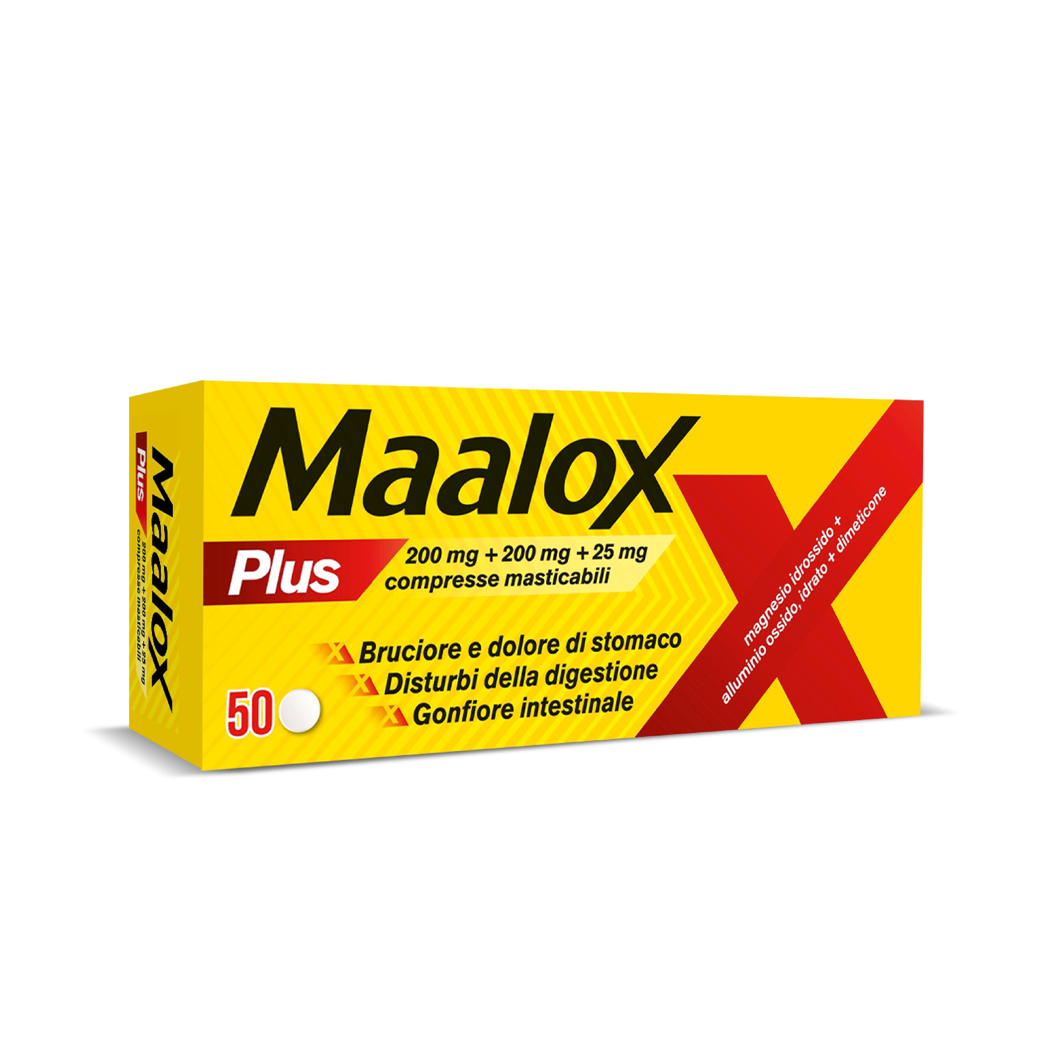 Maalox Plus azione rapida contro bruciore e acidità di stomaco, 50 cpr