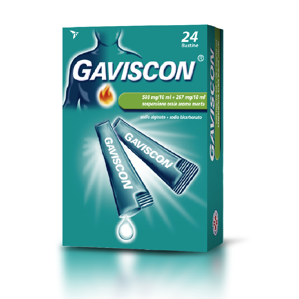 Gaviscon 500 mg/10 ml + 267/10ml - 24 Bustine Contro I Sintomi Del Reflusso Gastroesofageo, Bruciore E Acidità Di Stomaco