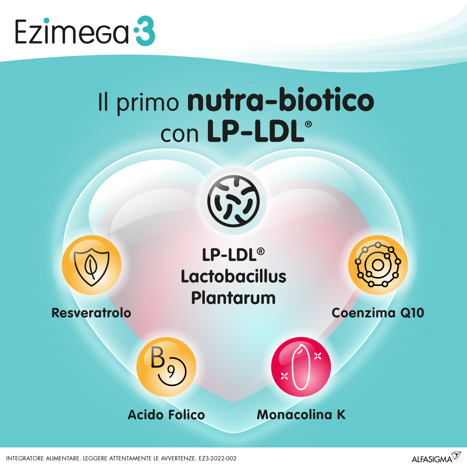 Ezimega 3, Integratore per il Colesterolo a Base di Monacolina K, Resveratrolo, Coenzima Q10, Lp-Ldl Probiotico Lactobacillus Plantarum, Acido Folico, utile per il controllo di colesterolo e trigliceridi, 20 Compresse