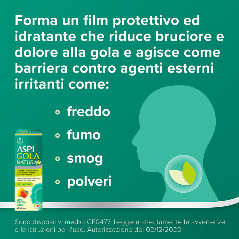 Aspi Gola Natura Spray, con estratti naturali di Aloe, Acido Ialuronico e Lichene Islandico, contro Mal di Gola e Tosse associata, Gusto Albicocca e Limone Flacone da 20ml