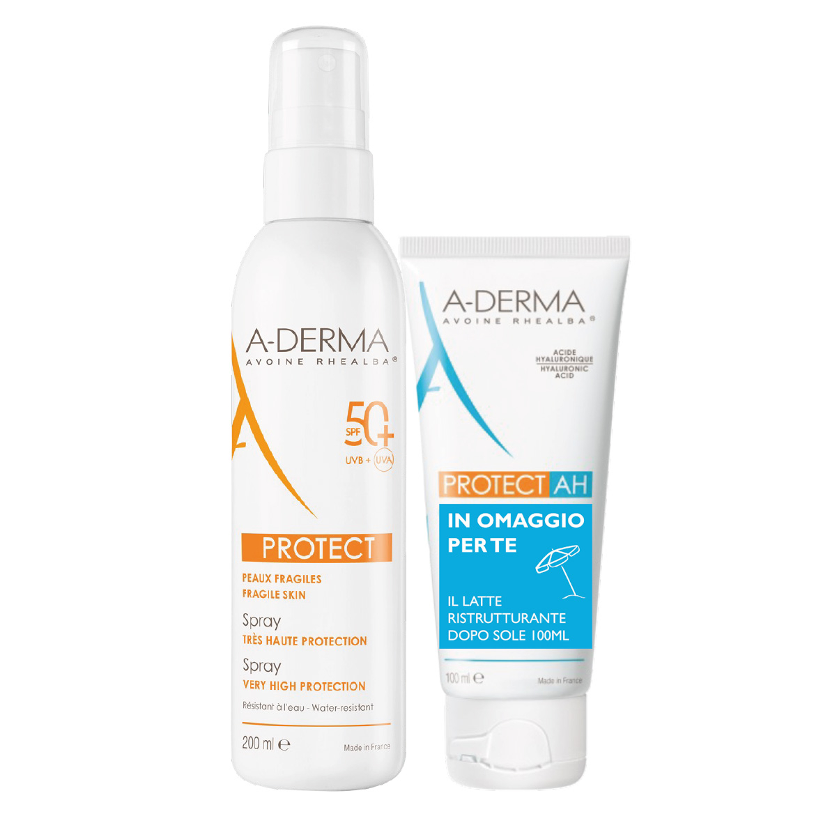 A-Derma KIT Solare Protect  Spray  SPF50+ 200ml + Protect AH Latte Ristrutturante Doposole Idratante 100ml 