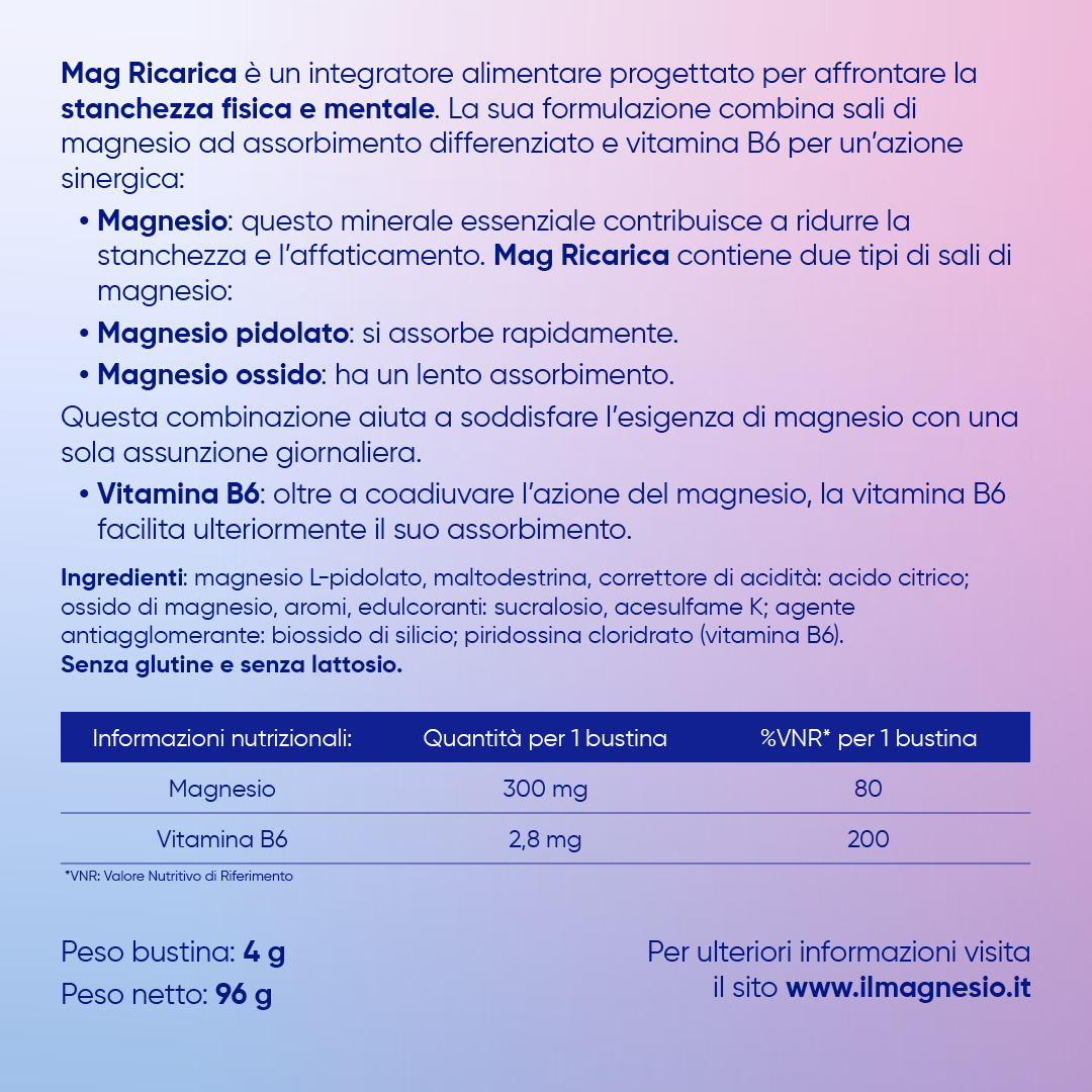 Mag Ricarica 24 Bustine - Integratore Con Magnesio Pidolato, Magnesio Ossido e Vitamina B6 Contro Stanchezza Mentale E Fisica