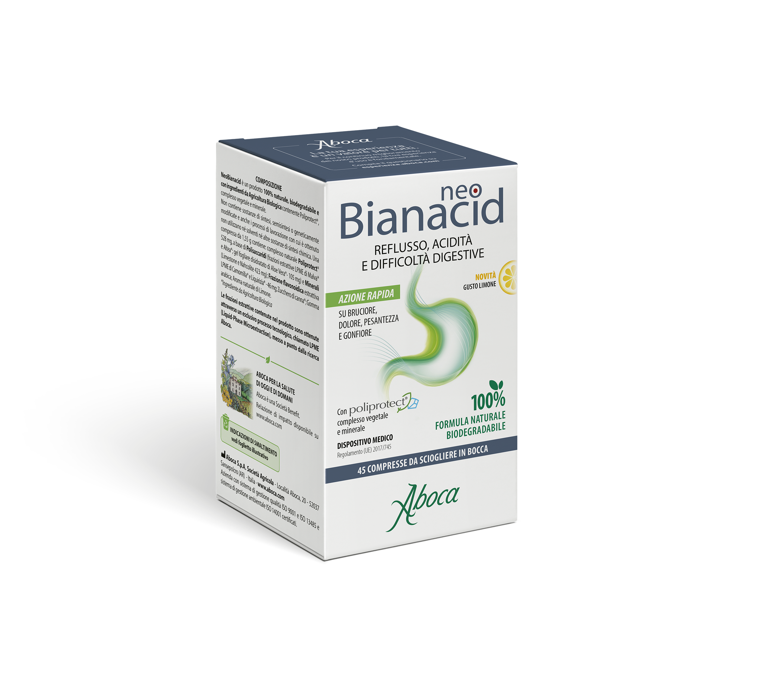 Aboca - NeoBianacid 45 Compresse Gusto Limone Per Reflusso, Acidità E Difficoltà Digestive - Dispositivo Medico Classe III