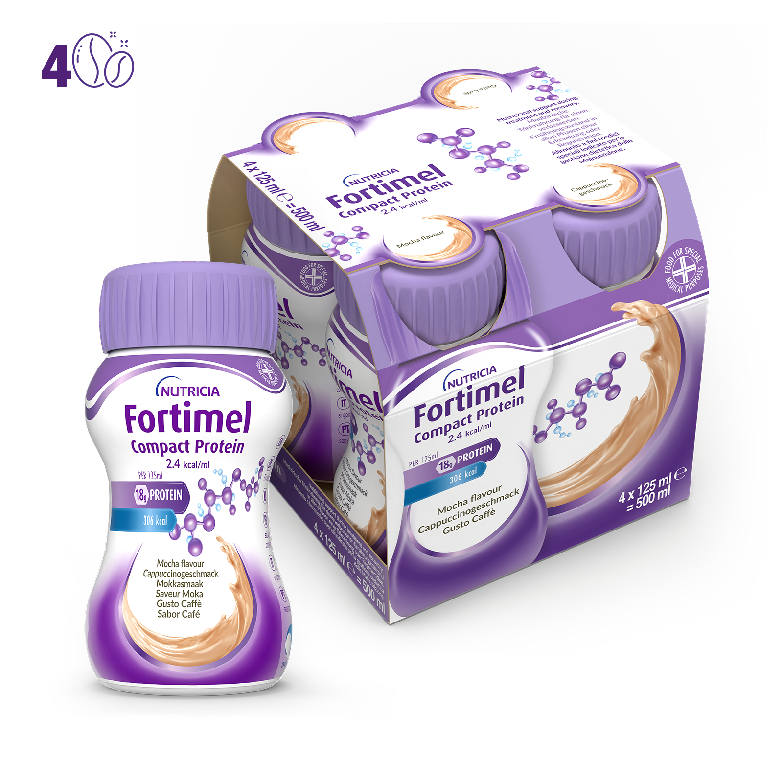 Nutricia Fortimel Compact Protein, Gusto Caffè, Ipercalorico e Iperproteico, 4 x 125ml