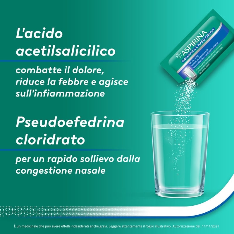 Aspirina Influenza e Naso Chiuso, Granulato per Soluzione Orale, 500mg Acido Acetilsalicilico + 30mg Pseudoefedrina, Effetto Antipiretico e Decongestionante, 20 Bustine