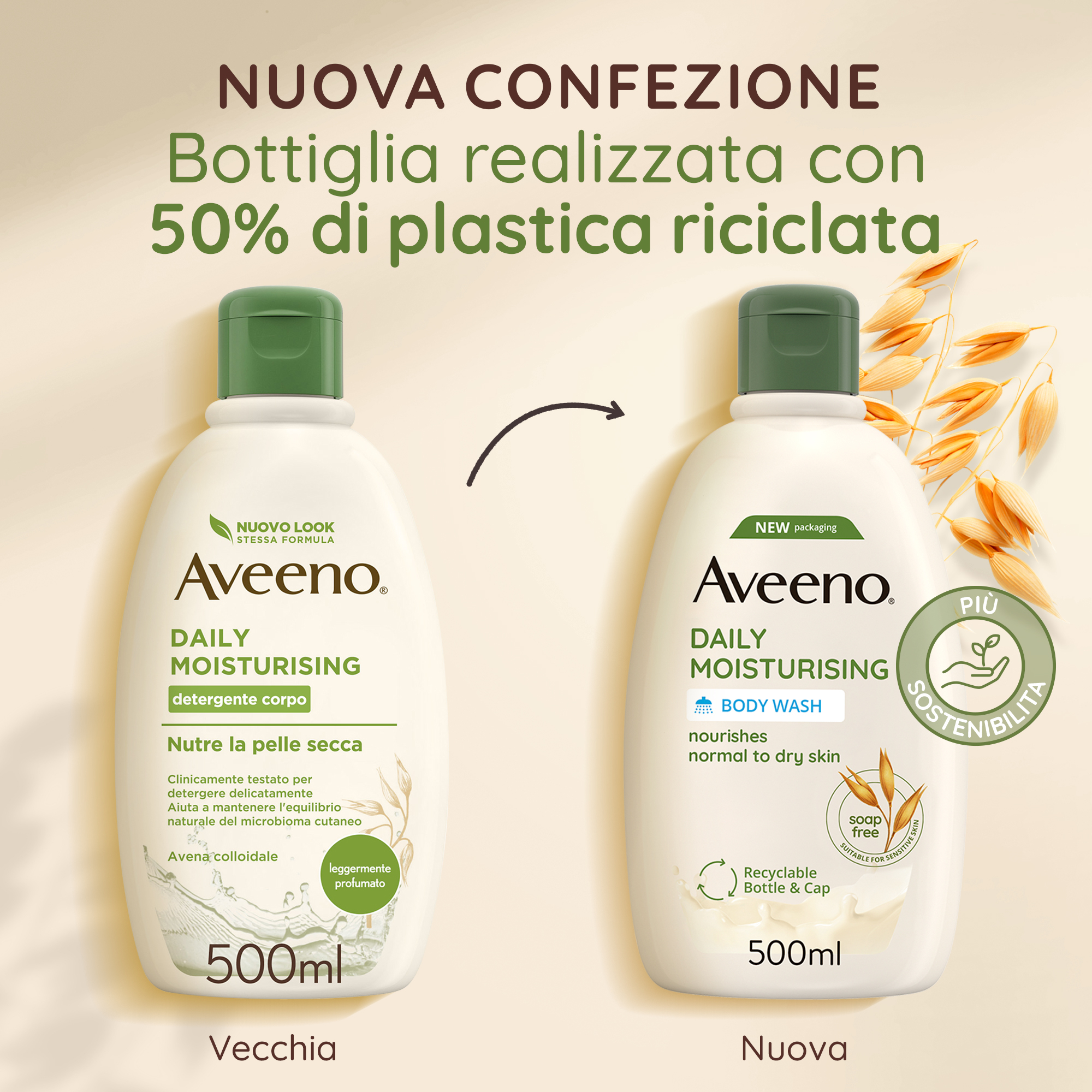 Aveeno Daily Moisturising Detergente Corpo 500 ml, Bagnoschiuma per pelli da normali a secche