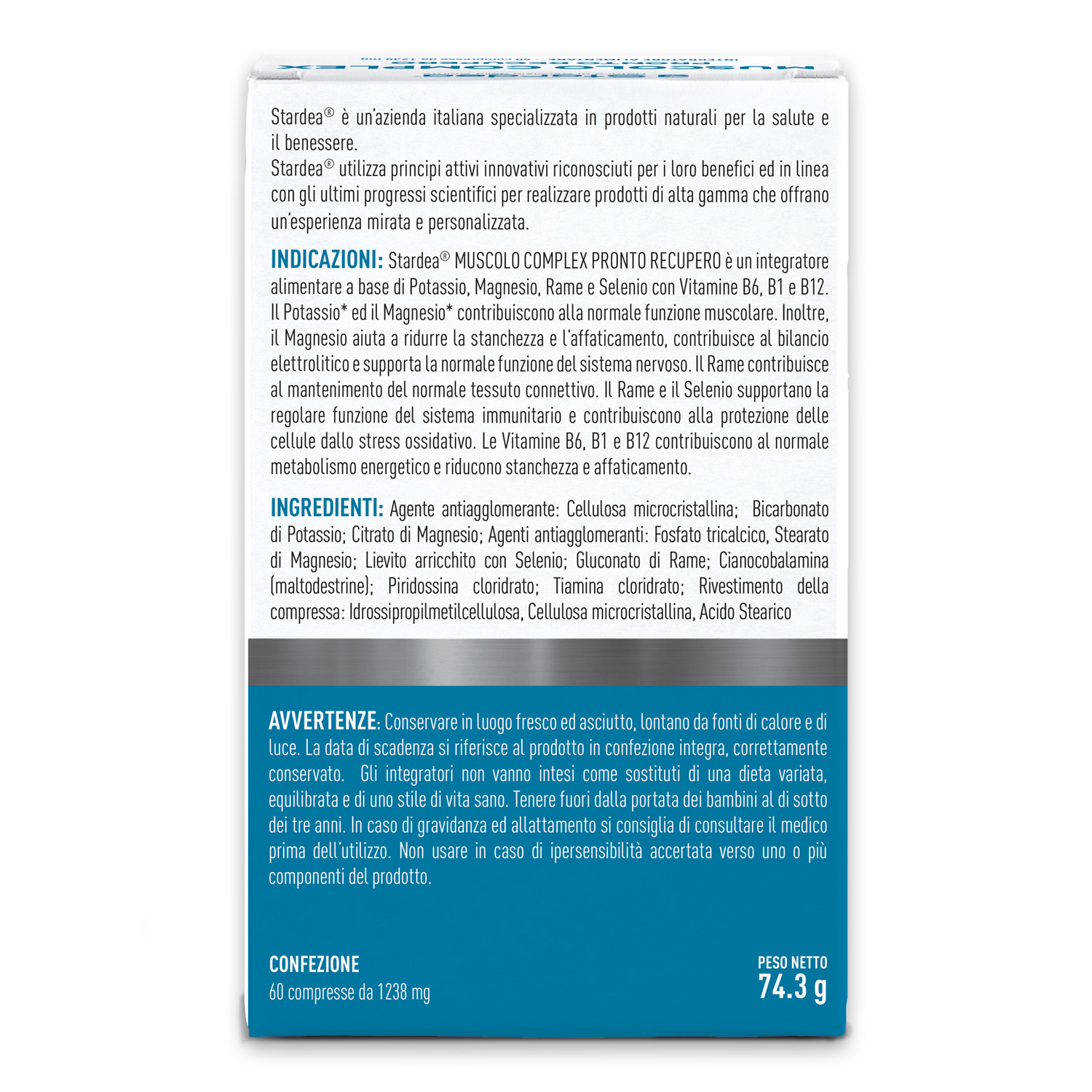 STARDEA MUSCOLO COMPLEX PRONTO RECUPERO Compresse - integratore alimentare a base di Potassio, Magnesio, Rame e Selenio con Vitamine B6, B1 e B12.