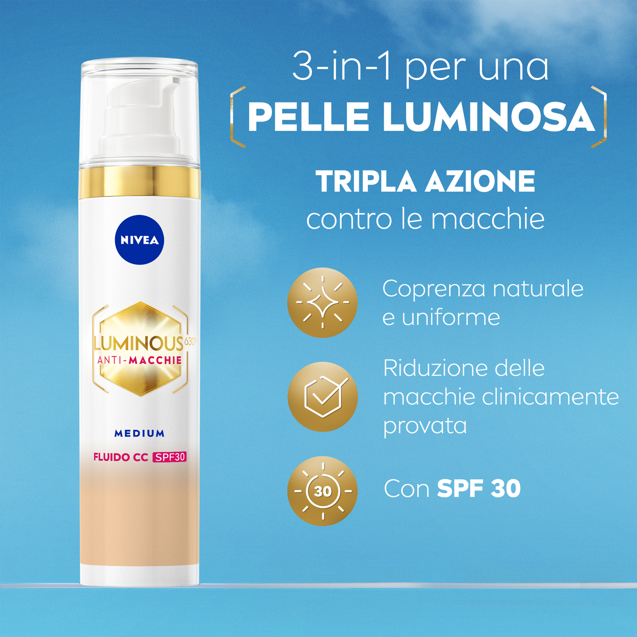 Nivea Cellular Luminous630 Fluido CC Cream SPF 30 Medium 40 ml, Crema viso colorata anti-macchie
